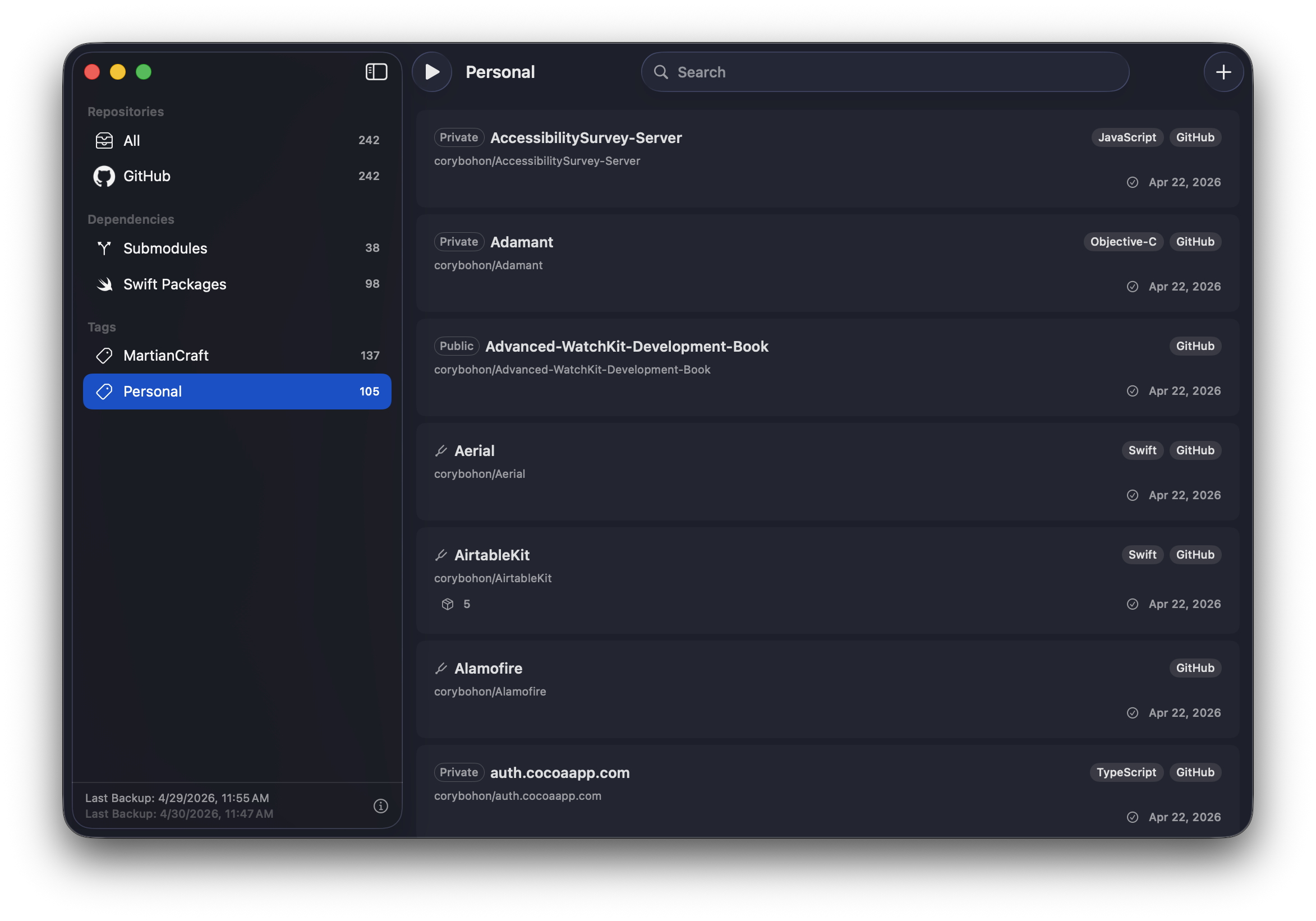 Repo Man's main window: a sidebar listing repositories, dependencies, and tags, with a list of backed-up GitHub repositories showing language, provider, and last-backup dates