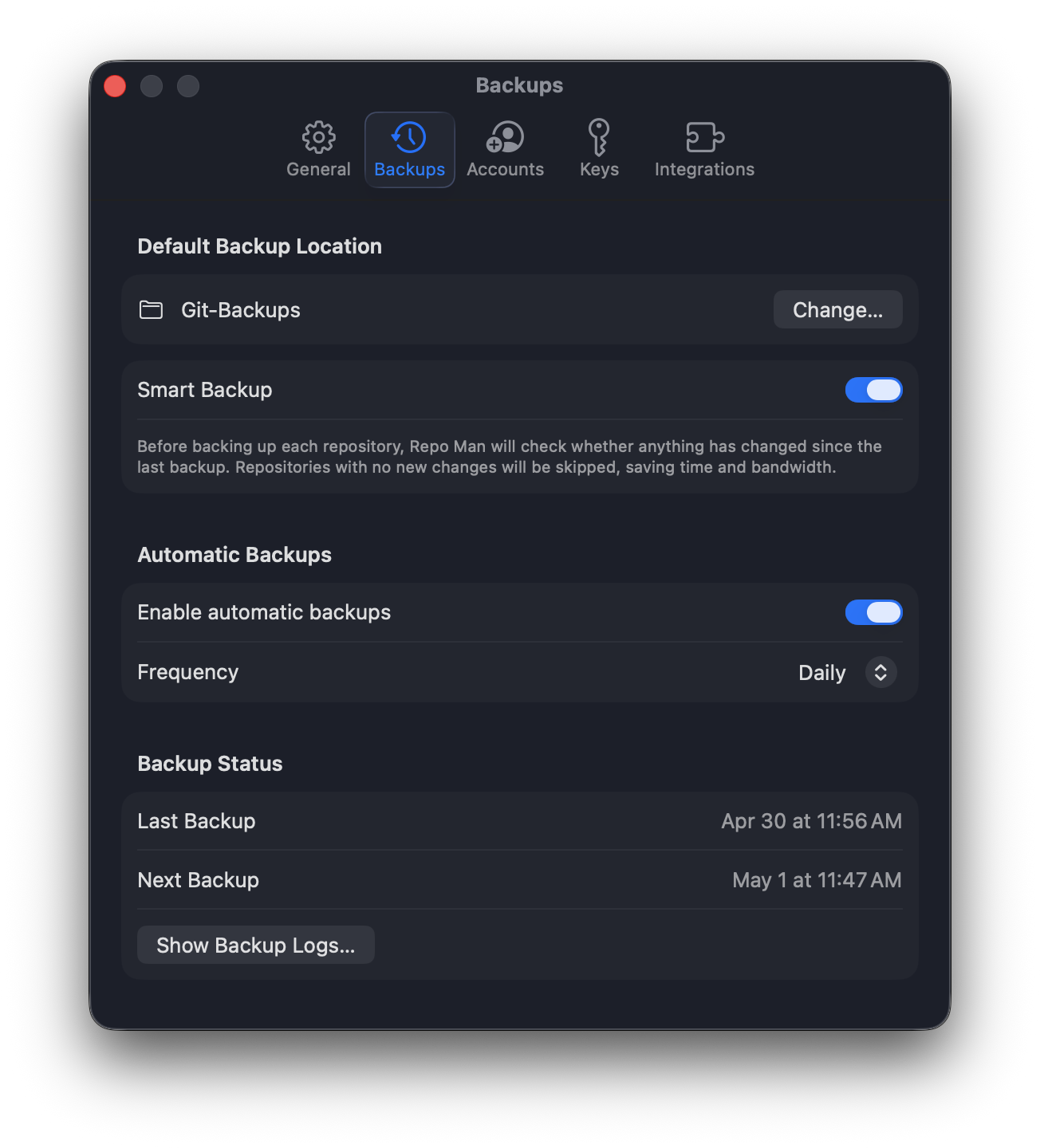 Repo Man's Backups settings: default backup location, Smart Backup toggle, automatic backup frequency, and backup status