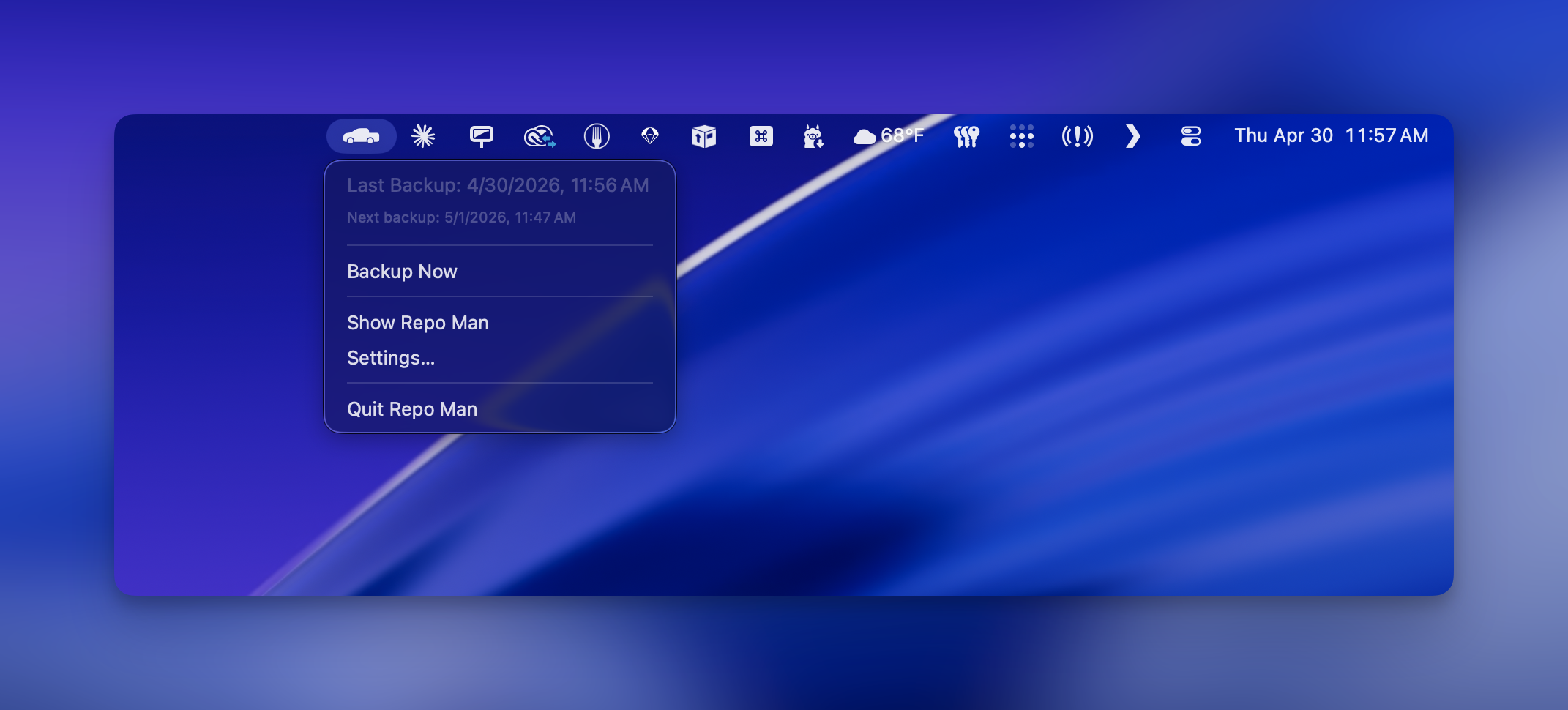 Repo Man's menu bar item showing last and next backup times, with Backup Now, Show Repo Man, and Settings commands
