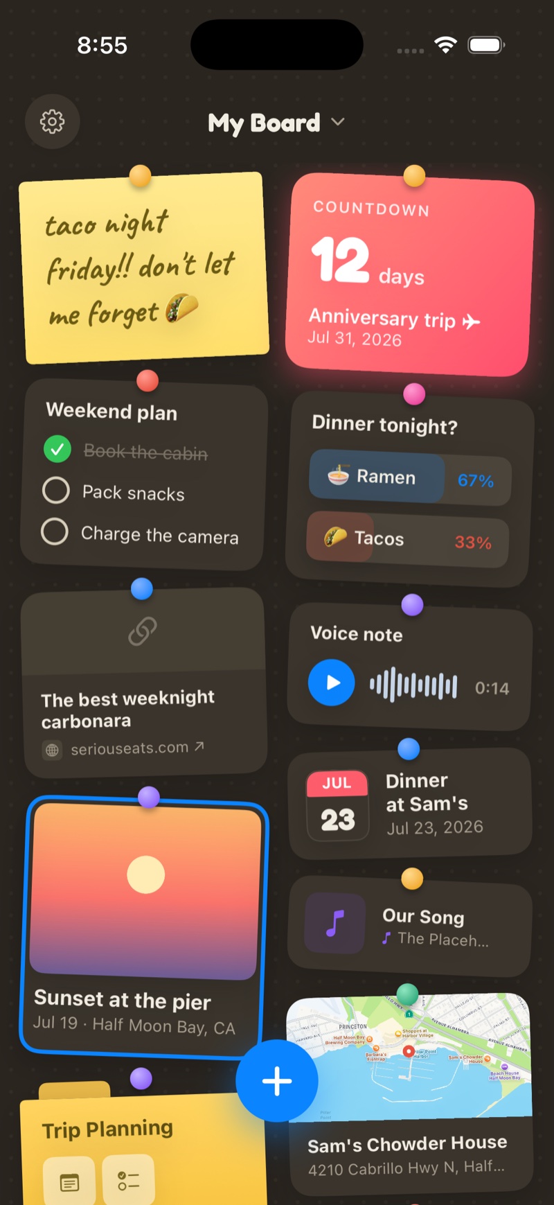 Together Board in dark mode: the same cork board in warm browns