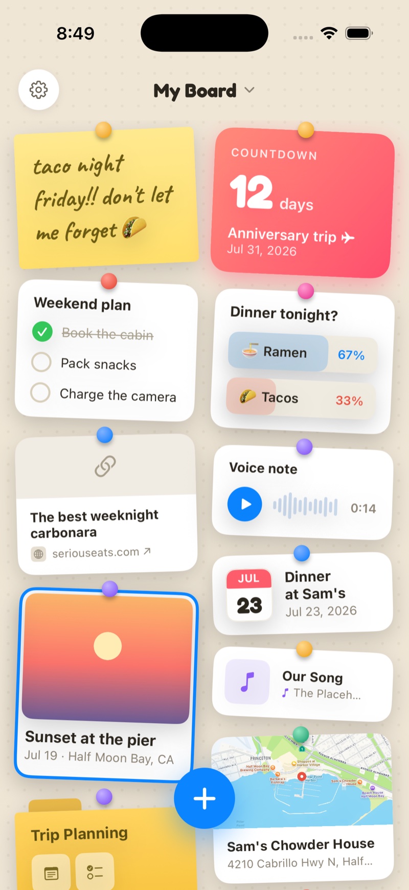 Together Board on iPhone: a cork board with a sticky note, a countdown, a shared to-do list, a poll, a photo, and a map pin