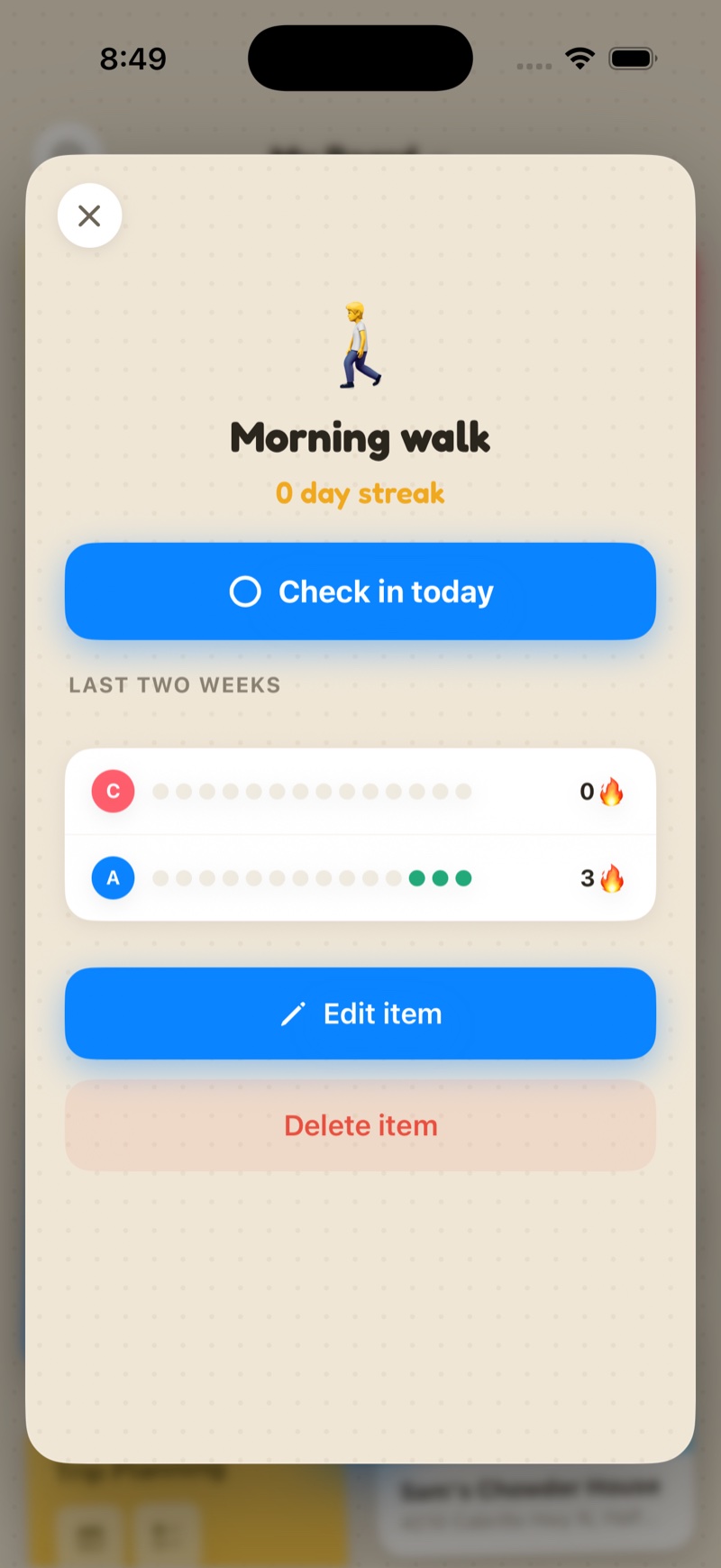 A habit tracker called 'Morning walk' with a check-in button and two-week streak view