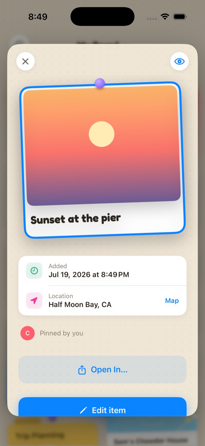 A photo pinned like a polaroid, titled 'Sunset at the pier', with location and date details