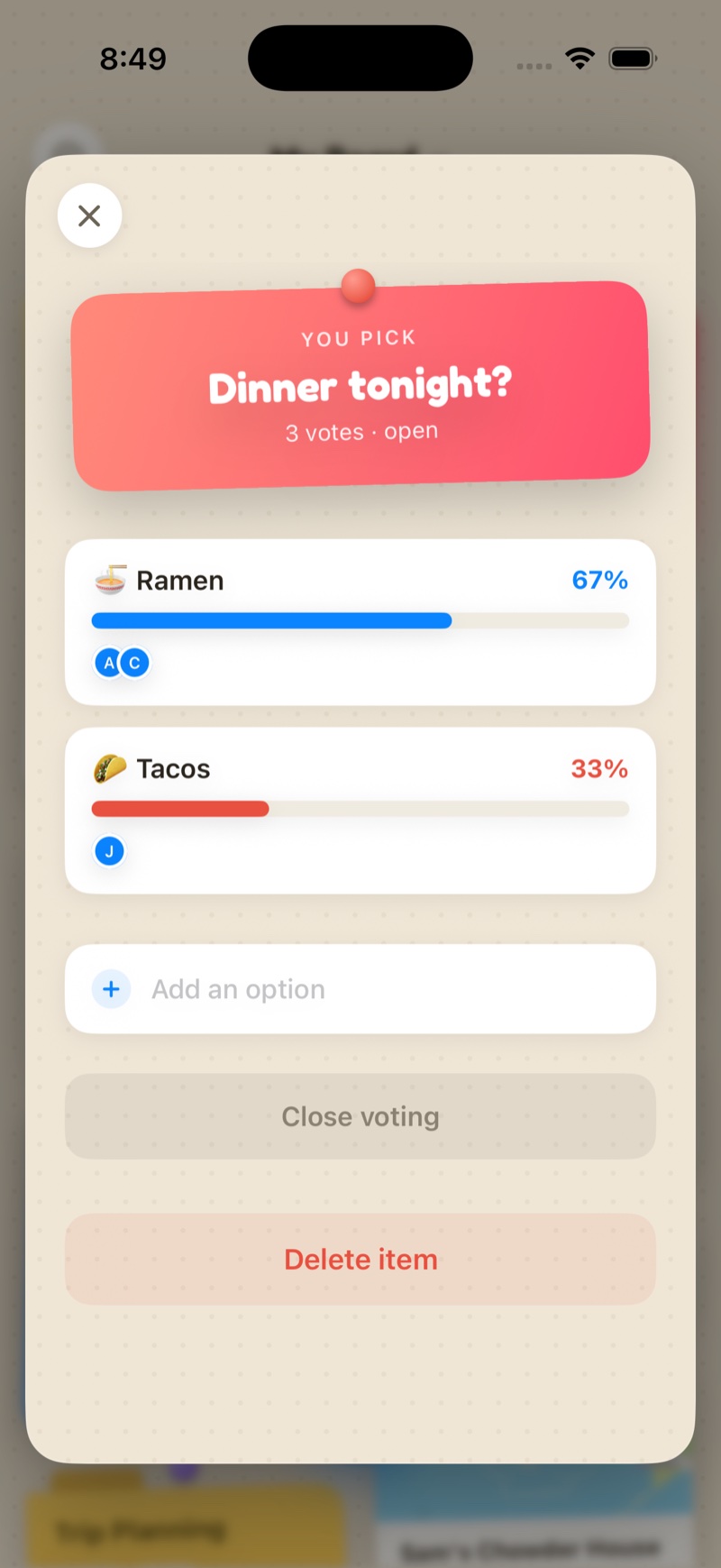 A poll titled 'Dinner tonight?' with Ramen at 67% and Tacos at 33%