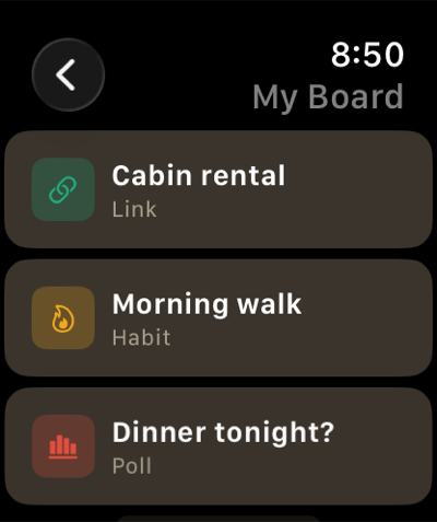 Together Board on Apple Watch showing a board list with link, habit, and poll rows