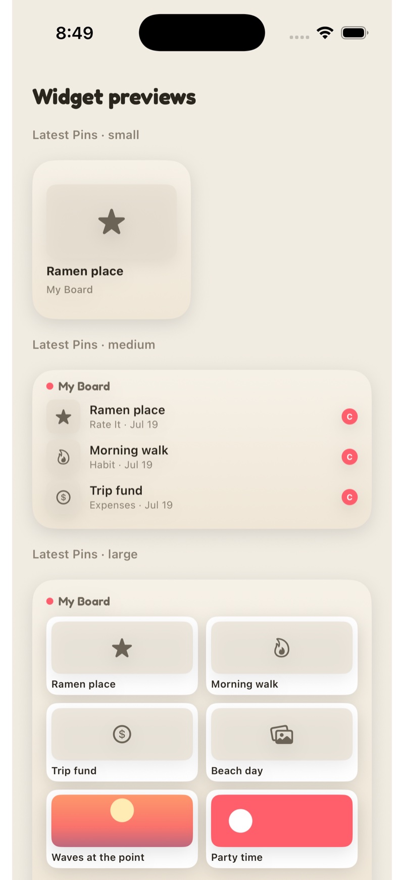 Home Screen widget previews: Latest Pins in small, medium, and large sizes