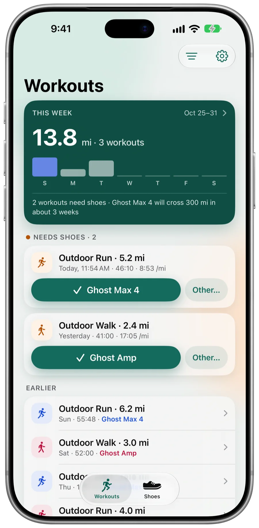 Tread's Workouts tab: this week's mileage bars and two workouts that need shoes.