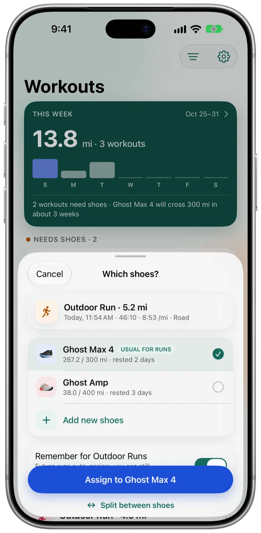 Tread's Which shoes? sheet for a 5.2 mile outdoor run, with Ghost Max 4 selected and marked usual for runs.