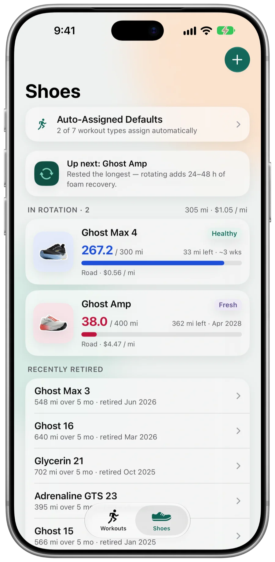 Tread's Shoes tab with Ghost Max 4 and Ghost Amp, each with a mileage bar.