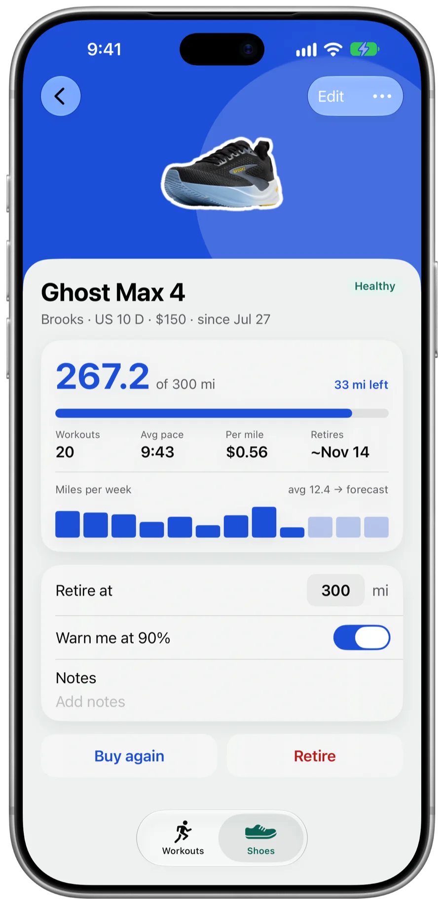 Detail screen for Ghost Max 4: 267.2 of 300 miles and a retirement forecast.