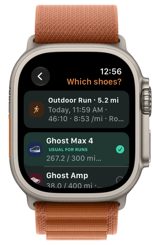 Tread on Apple Watch asking which shoes you wore for a run, with Ghost Max 4 first.