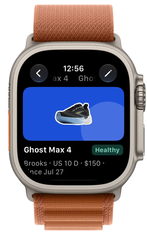 A shoe's mileage on Apple Watch.
